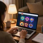 Player engaging with the RR88 online casino interface, surrounded by strategy notes and warm lighting
