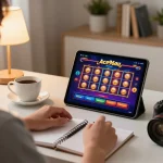 A person engaging with Ace96au's online slots on a tablet, creating a relaxed home gaming atmosphere.