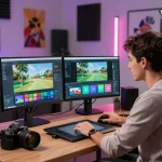 Creator using motion control software in a tech studio for AI-driven animation.