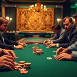 Spannende Casino-Atmosphäre mit Spielern und Golisimo Germany Pokerkarten in action.