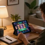 KUBET online gambling experience with a user engaged in tablet gameplay in a cozy home setting