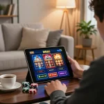 Player engaging with the MB66 casino app on tablet, showcasing a lively online gambling atmosphere.