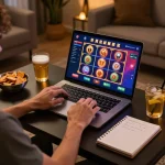 F168 player engaging with vibrant online casino app showcasing slot games on a stylish desktop.