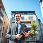 Immobilienmakler Frankfurt Ginnheim präsentiert moderne Immobilienangebote vor einem Wohngebäude.