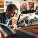 Oldtimer Gutachten von einem Experten in einer Garage, der das Fahrzeug bewertet.