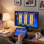 Engaging with vuabet88i through an online slots game on a tablet in a comfortable home setting.