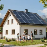 Photovoltaik Bayern - Familie diskutiert die Vorteile von Solarenergie vor ihrem modernen bayerischen Zuhause mit Solarpanelen.