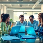 Online Marketing team brainstorming strategies in a modern office environment.