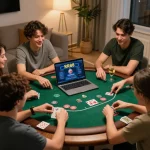 Friends enjoying an exciting poker game on RR88, captured in a cozy home setting with snacks and drinks.