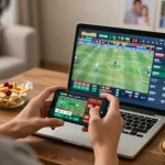 Betting on sports via smartphone with Man88 in a cozy home environment, showcasing excitement and responsibility.