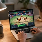 Xem xem đá gà trực tiếp HD trên laptop trong một trận đấu gà trực tuyến kịch tính.