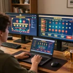 Person enjoying online casino games at SC88 Market on a laptop while surrounded by snacks and drinks.
