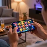 Engaging in mobile gambling with sunwin app, showcasing slots gameplay on a smartphone