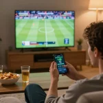 Engaged player using Go99 app for sports betting during a lively home sports event