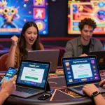 Aufgeregte Spieler feiern Gewinne in einem Paysafe Card Casino und zeigen eine lebhafte Online-Spielatmosphäre.