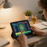 Engaged player using watchballonline app for sports betting at home, showing strategic betting choices.