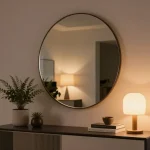 Schickes Wohnzimmer mit einem asymmetrischen Spiegel, der moderne Dekoration verbessert.