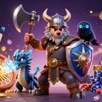 Engage with sun win's epic action featuring a Viking wolf warrior, dragon, and casino elements.