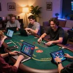 Players celebrating wins at cm88 online casino games on various devices in a cozy room.