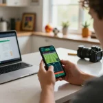 Person engaging in online betting via smartphone with sportpoolfocus app, vibrant sports environment, passionate interaction.