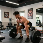 Mann hebt Gewichte im Fitnessstudio, das Anabolika Shop Deutschland repräsentiert und Hingabe sowie Stärke zeigt.