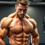 Ein muskulöser Bodybuilder mit Unique Pharma Steroids in einem Fitnessstudio.