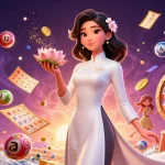 Erleben Sie die Aufregung des Paysafe Card Casinos, während bunte Lotteriekugeln um eine gelassene asiatische Frau fliegen.