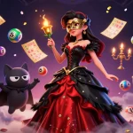 Experience Tai xiu with vibrant illustrations of a dramatic lady, colorful elements, and a mystical atmosphere.