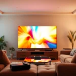 Iptv Anbieter in modern living room with vibrant TV display and inviting atmosphere.