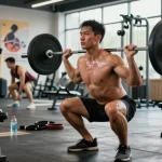 Bodybuilder hebt Gewichte im Steroidshop-Fitnessstudio und zeigt Stärke und Hingabe.