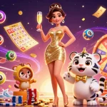 Experience the excitement of rikviptv with a glamorous lady and a lucky tiger cub amidst vibrant casino elements.