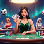 Engage in thrilling gameplay at link fabet with beautiful Asian woman at a luxury poker table.