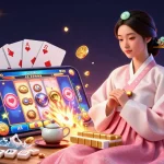 Engage in ทดลองเล่นสล็อต activity with elegant Asian woman, vibrant game elements, and casino ambiance.