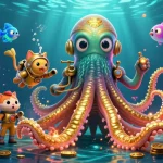 Win big with Kubet77 at exciting games featuring golden kraken and diving cat in a colorful casino world.