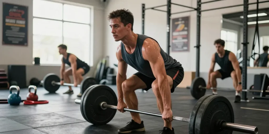 Anabolika Shop: Athlet beim Deadlift-Training im Fitnessstudio, umgeben von Sportgeräten und motivierenden Plakaten.