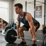 Anabolika Shop: Athlet beim Deadlift-Training im Fitnessstudio, umgeben von Sportgeräten und motivierenden Plakaten.