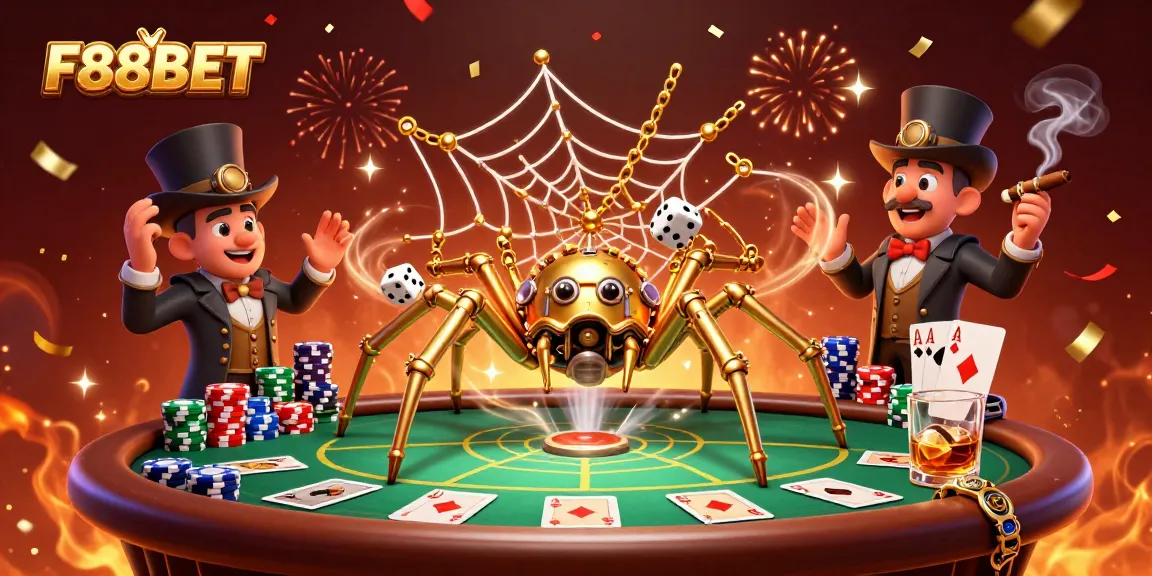 Engage thrillingly with F88BET's dynamic casino scene featuring a steampunk spider and poker excitement.