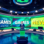 Aktuelle Spiele Neuigkeiten in einem modernen Nachrichtenstudio mit dynamischen Elementen.
