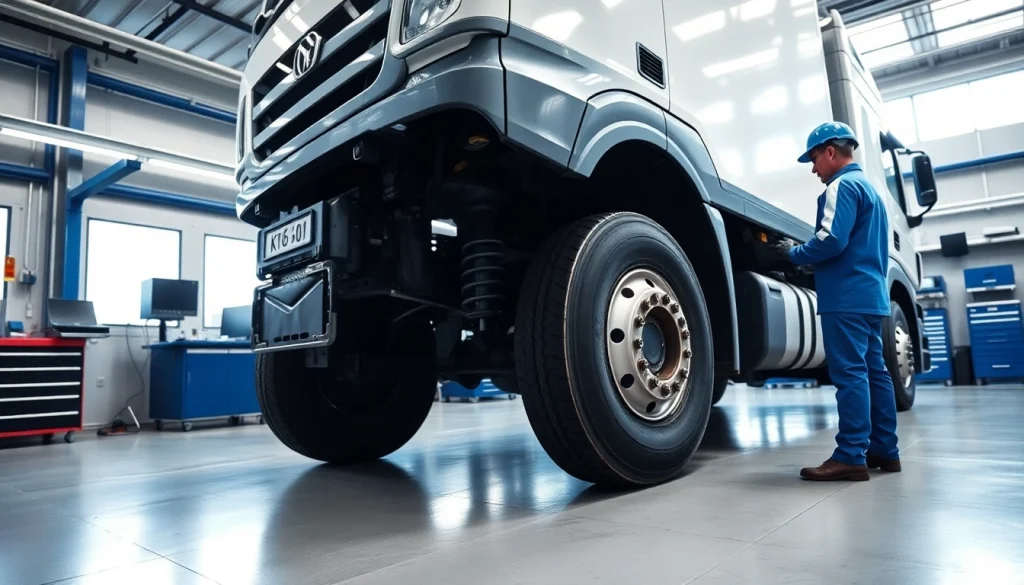 Lkw Gutachten Augsburg mit einem Techniker, der eine Inspektion an einem Truck im modernen Werkstattumfeld durchführt.