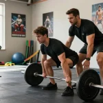 Prime Pharma Shop: Fitness-Enthusiast beim Deadlift im modernen Gym mit Trainer und motivierenden Elementen.