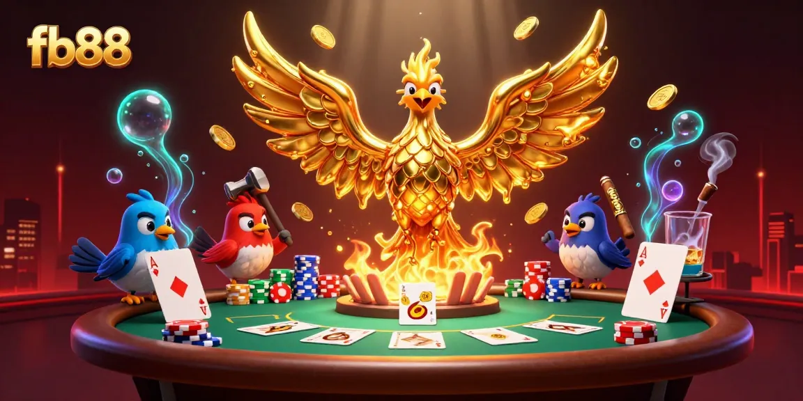 Experience thrilling poker action as fb88 highlights a molten golden phoenix in a vibrant casino atmosphere.