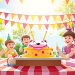 Kindergeburtstag 4 Jahre: Freude und Spiele unter bunten Ballons und einem festlichen Kuchen.