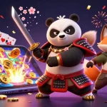 Engage in thrilling adventures with KP88 cc featuring samurai panda, ninja fox, and tanuki in a vibrant casino scene.