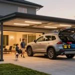 Moderne Carport-Struktur im Garten mit glücklicher Familie und SUV.