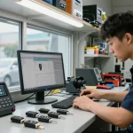 Techniker programmiert Autoschlüssel, verschiedene Modelle auf dem Tisch, Siehe hier für Lösungen.