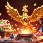 Experience the excitement of f168biz as the golden phoenix emerges, surrounded by vibrant casino elements and treasures.