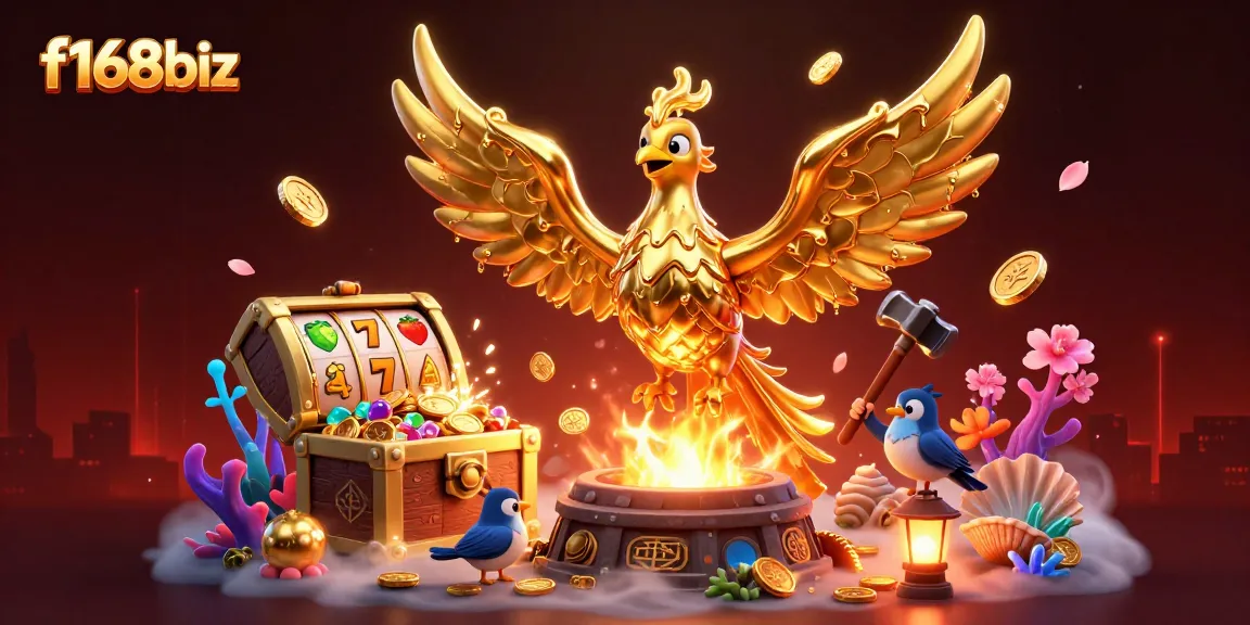 Experience the excitement of f168biz as the golden phoenix emerges, surrounded by vibrant casino elements and treasures.