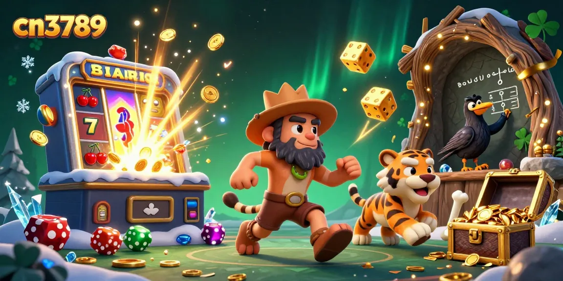 Win big with cn3789 in this vibrant casino-themed illustration featuring a playful caveman and tiger duo.