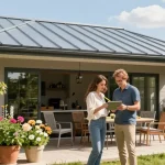Terrassenüberdachungen aus Aluminium in einem einladenden Garten mit blühenden Pflanzen.
