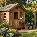 Gartenhaus aus Holz in einem blühenden Garten mit Möbeln und Werkzeugen.